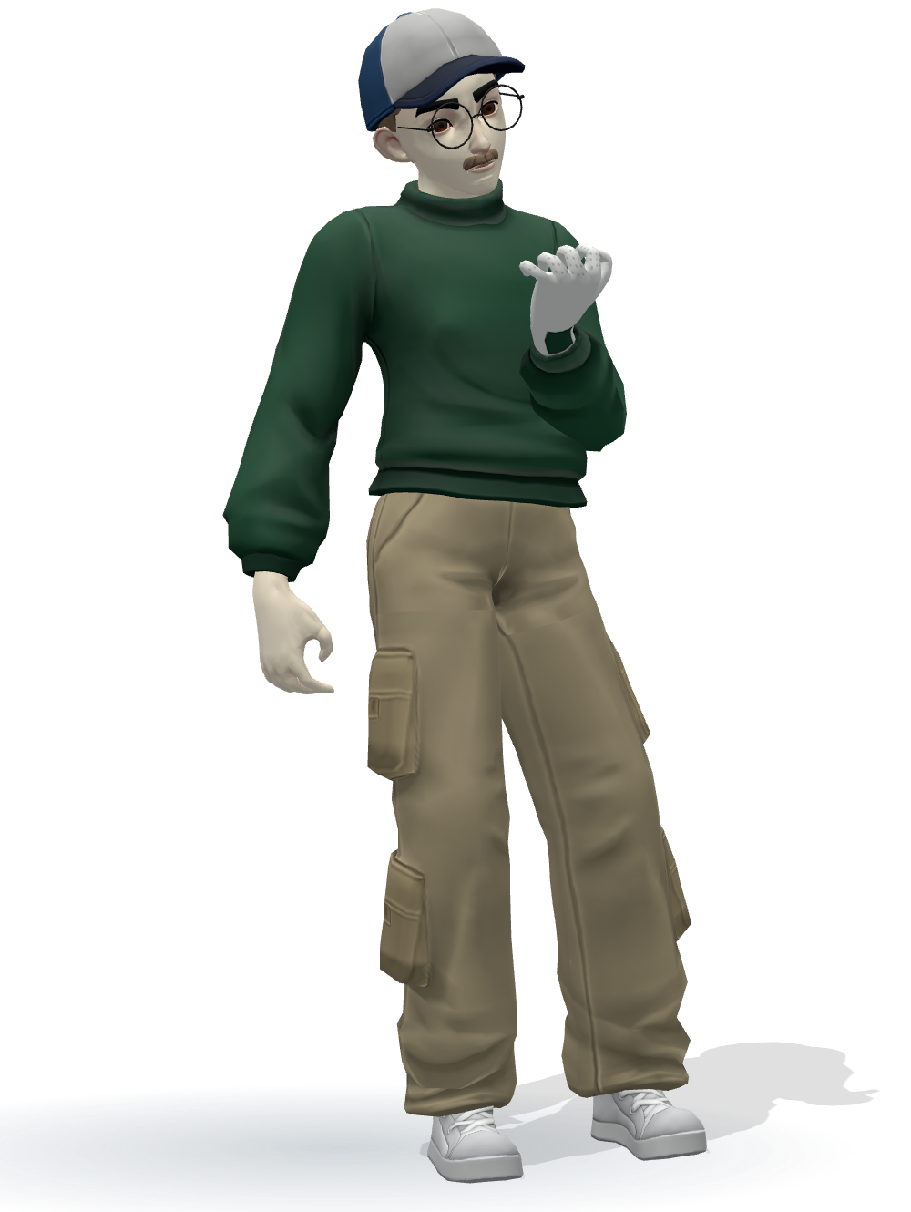 A golfer in a blue cap and green turtleneck checking his glove